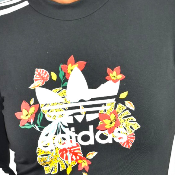 Adidas HER Studio London Floral Trefoil Dress Black Long Sleeve Mini Logo Medium - Picture 4 of 15